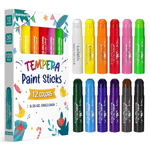 JUPITEARTH 12 Colors Tempera Paint Sticks with 120 PDF Coloring Pages and 30 Stickers, Quick Drying, Smooth, Non-Toxic and Washable Paint Sticks for Kids Drawing on Pumpkin, Wood, Rock, Glass - color: 12 Classic Colors