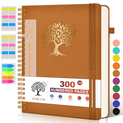 PERCUN Spiral Notebook 300 Numbered Lined Pages Hardcover Journal 8.5"x11" | College Ruled Spiral Bound Notebook with Tabs, A4 Large Leather Journal for Women Men, Work, School, Writing & Note Taking - color: Brown, size: A4 size (8.5in x 11.5in)