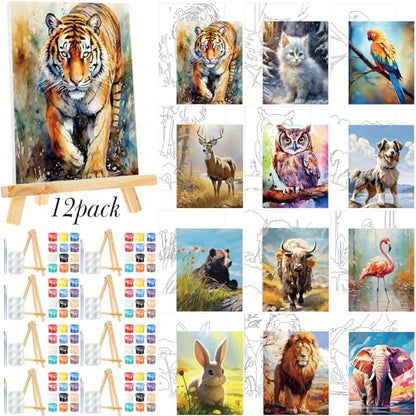 Zhanmai 72 Pcs 12 Sets Sip and Paint Kit Pre Drawn Canvas for Painting 8" x 10" Paint Party Canvas Painting Pre Printed Canvases for Party Favor DIY Virtual Adult's Date Night(Animals) - style: Animals