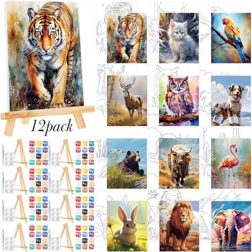 Zhanmai 72 Pcs 12 Sets Sip and Paint Kit Pre Drawn Canvas for Painting 8" x 10" Paint Party Canvas Painting Pre Printed Canvases for Party Favor DIY Virtual Adult's Date Night(Animals) - style: Animals