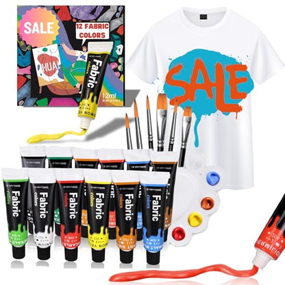HUAL Fabric Paint Set for Clothes 12 Vibrant Colors Textile Paint with 6 Brushes & Palette Quick-Drying, Non-Toxic Fabric Paint Kit for T-Shirts, Shoes, Canvas, DIY Art & Crafts Premium Gift Box - color: Black Box (Regular)