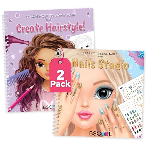 BSCOOL Create Hairstyles & Nail Designs Book Set for Girls Ages 5 and Up – Hair Design & Nail Art Sticker Books with Guides – Creative Birthday Gift for Kids - color: Multipack - Create Hairstyle and Nail Studio