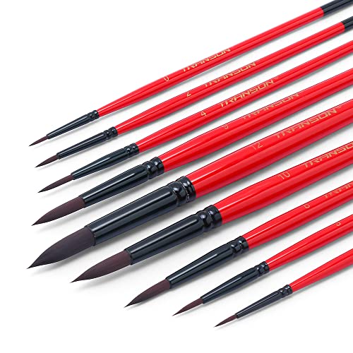 Transon Round Paint Brush Set 9pcs Synthetic Sable Hair for Acrylic Painting Watercolor Painting Gouache Ink Craft and Detail Painting - size: 9PCS Synthetic Sable Red