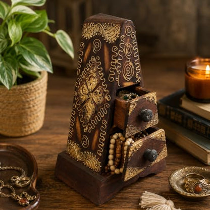 Hand-Carved Wooden Keepsake Box Collection – Decorative Rustic Storage Box, Jewelry Box, Trinket Organizer, Handmade Artisan Wood Home Décor (Pyramid) - size: Pyramid
