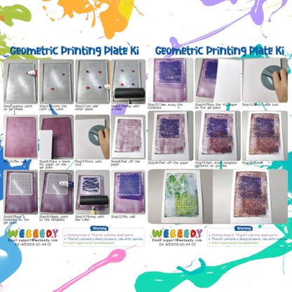 WEBEEDY Gel Printing Plate Kit Geometric Printmaking Supplies Includes 5x7 Inch Reusable Gelatin Plate,Stencils,Acrylic Paint,Essential Tools and Instruction for Adults Beginner Printmaking Supplies