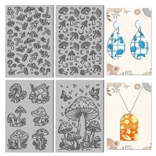 CHGCRAFT 4Sheets Mushrooms Leaves Polymer Clay Texture Sheet Butterfly Rubber Clay Texture Mat for Polymer Clay Making Earrings Jewelry DIY Crafts 4x2.6inch - style: Mushrooms
