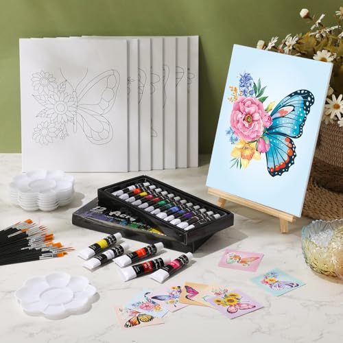 Cholemy 36 Pcs Paint and Sip Kit for Adults 8''x10'' Pre Drawn Canvas for Painting DIY Afro Acrylic Painting Kit Wood Easel Brushes Date Night Bulk for Summer 4th of July Party Gift(Butterfly) - style: Butterfly