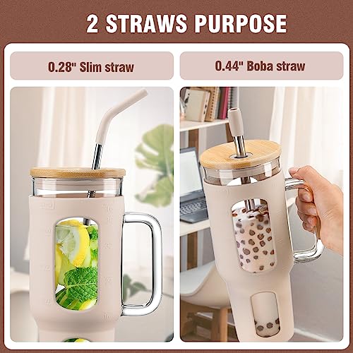 WINSA Glass Tumbler with Lid and Straw, 46 oz Iced Coffee Cup with Handle, Large Water Bottles with Silicone Sleeve, Glass Cup with Straws - Pearl Straw & Drinking Straw BPA Free-Amber - color: Amber, size: 46 Ounces