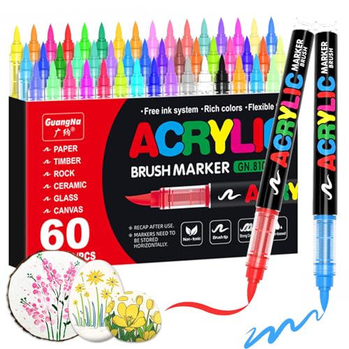 Guangna Acrylic Paint Markers,60 Colors with Direct-Liquid Ink Control System, Professional-Grade Paint Pen for Rock Painting, Canvas, Glass, Plastic, Fabric & Creative Crafts - color: 60 Colors
