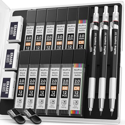 Nicpro 2mm Metal Mechanical Pencil Set with Case, 3PCS Lead Pencil Holder 2.0 mm with 144PCS Lead Refills (4H 2H HB 2B 4B 6B Color), Eraser, Sharpener for Drafting Writing Drawing Sketching - size: 3 Pack