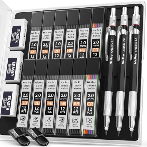 Nicpro 2mm Metal Mechanical Pencil Set with Case, 3PCS Lead Pencil Holder 2.0 mm with 144PCS Lead Refills (4H 2H HB 2B 4B 6B Color), Eraser, Sharpener for Drafting Writing Drawing Sketching - size: 3 Pack