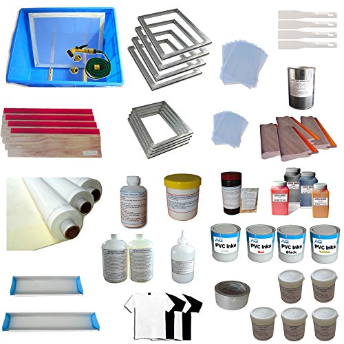 EQCOTWEA 4 Colors 4 Stations Screen Printing Kit – Complete DIY Material Combo for Beginners,Includes Washing Tank,Frames,Inks,Emulsion & Squeegees