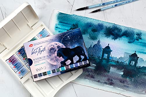 White Nights Granulating Watercolor Set 12 Full Pans of Professional Artist Grade Paints Vibrant Lightfast Colors Portable Durable Box by Nevskaya Palitra