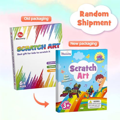 Mocoosy 60 PCS Rainbow Scratch Art Paper for Kids, Magic Scratch Paper Off Set Art and Craft Supplies, Black Scratch Pads Party Game Activities Birthday Gifts for Girls Boys 3 4 5 6 7 8 9 Years Old