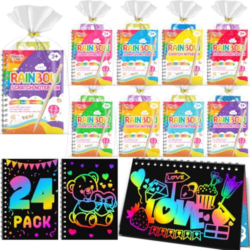 Scratch Paper Art Party Favors for Kids: 24 Pack Rainbow Scratch Notebook, Goodie Bags Stuffers Coloring Books Party Favors for Kids 3-12, Bulk Classroom Birthday Gifts for Student - style: 24 Pack
