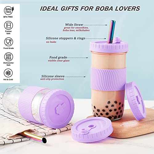 Amyoole 2 Pack Reusable Boba Cup,24Oz Wide Mouth Smoothie Cup,mason Jar Glass Cups with Lids and Straws,Bubble/Boba Tea Cups,Ice Coffee Tumbler 2 colored straws 1 sponge brush(Purple) - color: Purple