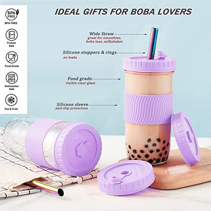 Amyoole 2 Pack Reusable Boba Cup,24Oz Wide Mouth Smoothie Cup,mason Jar Glass Cups with Lids and Straws,Bubble/Boba Tea Cups,Ice Coffee Tumbler 2 colored straws 1 sponge brush(Purple) - color: Purple