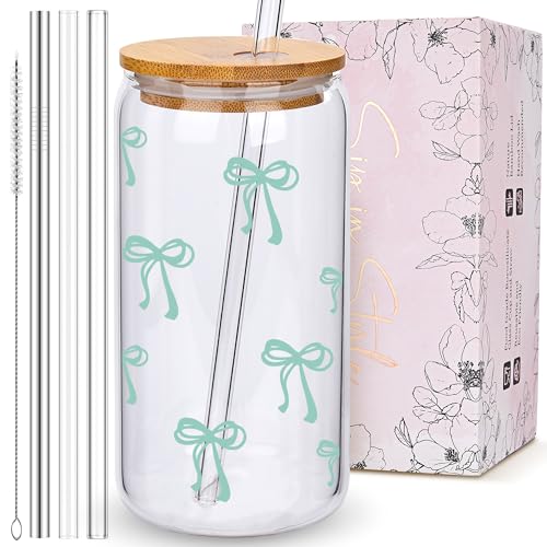 BIPEDS Coquette Cute Sage Green Bow Glass Cups with Lids and Straws, Aesthetic Iced Coffee Cup Girly Preppy Tumbler Mug, Christmas Valentines Birthday Gifts for Women, Teen Girl Gifts Trendy Stuff - color: 06-Bow-Sage Green