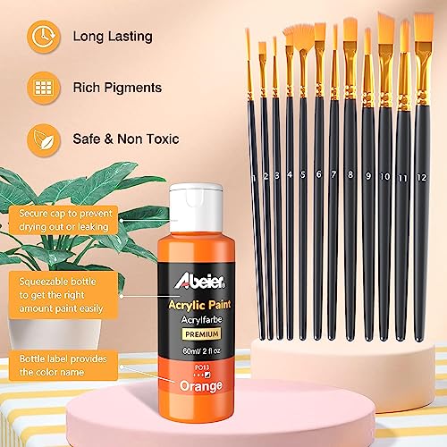 ABEIER Acrylic Paint Set, 24 Colors (60ml/2oz) with 12Paint Brushes, Non-Toxic, Waterproof, Strong Coverage for Kids Adults Beginners Students, Painting on Canvas Stone Wood Fabric Rocks Ceramic - style: Classic Colors