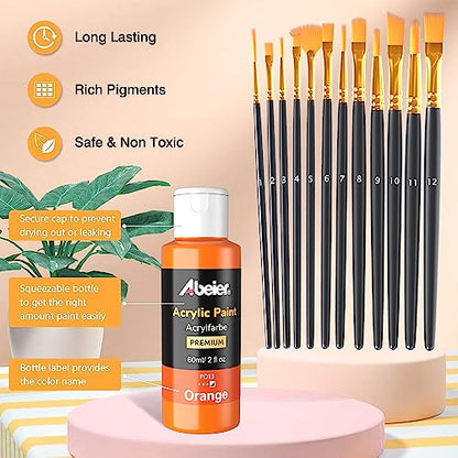 ABEIER Acrylic Paint Set, 24 Colors (60ml/2oz) with 12Paint Brushes, Non-Toxic, Waterproof, Strong Coverage for Kids Adults Beginners Students, Painting on Canvas Stone Wood Fabric Rocks Ceramic - style: Classic Colors
