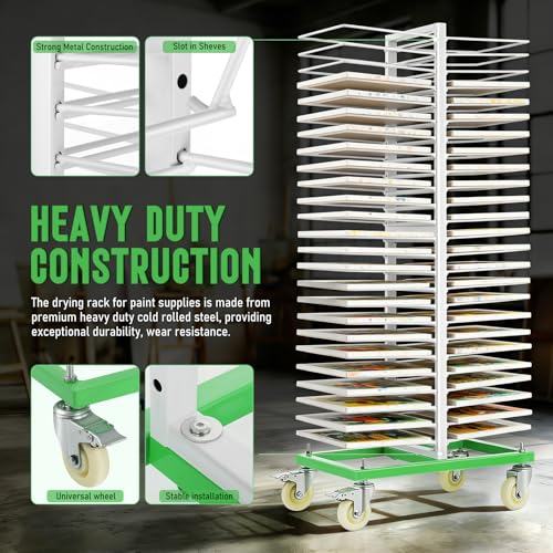 50-Shelf Paint Drying Rack for Cabinet Doors&Woodworking, Heavy Duty Mobile Cabinet Drying Rack with Locking Casters, 25 lbs per Shelf&2.1" Gap,Space-Saving Vertical Storage for Workshops/Paint Shops
