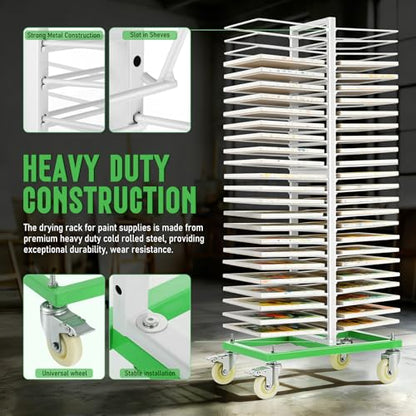 50-Shelf Paint Drying Rack for Cabinet Doors&Woodworking, Heavy Duty Mobile Cabinet Drying Rack with Locking Casters, 25 lbs per Shelf&2.1" Gap,Space-Saving Vertical Storage for Workshops/Paint Shops