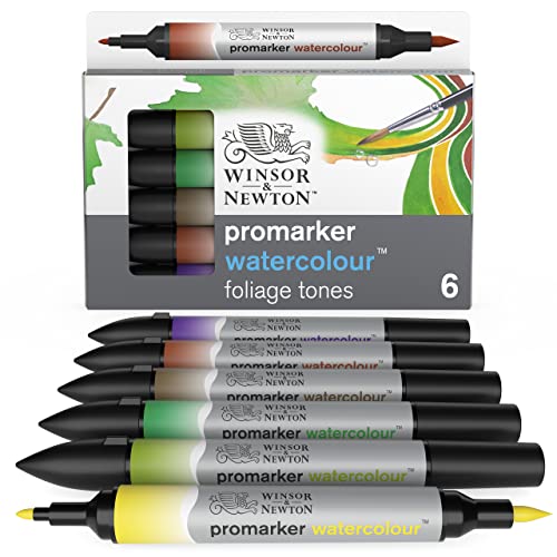 Winsor & Newton ProMarker Watercolor Marker Set, 6 Count, Foliage Tones - color: Foliage Tones, style: Set of 6