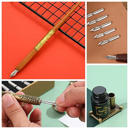 Joyeee Red Feather Pen and Ink Set, Writing Quill Pen with Ink, Brass Wax Seal Stamp, Metal Dip Pen Holder, Letter Paper, Wax Seal Beads, Tealight, Retro Gift Box, Unique Birthday Gifts for Him - color: #98 Wine red quill pen set