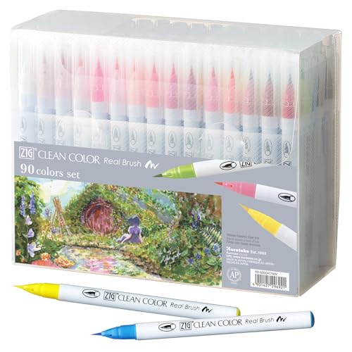 Kuretake Zig Clean Color Real Brush 90 colors set, Brush tip marker pens, for Professional and Artist, coloring, drawing, calligraphy, lettering, Made in Japan