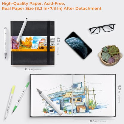Ohuhu Mixed Media Pad - 8.3" x 8.3" Square Mix Media Sketchbook, 120 LB/200 GSM Heavyweight Papers, 78 Sheets/156 Pages, PU Hardcover Multi-Media Paper Pad for Acrylic Painting Christmas Gift - size: 8.3" x 8.3"