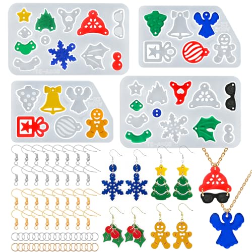 ZQYSING 68 Pcs Christmas Resin Earring Molds Kit, Various Shapes Christmas Silicone Mold with Hooks Rings for DIY Making Jewelry Earring Pendant Keychain - color: 68 Pcs Jewelry Making Kit