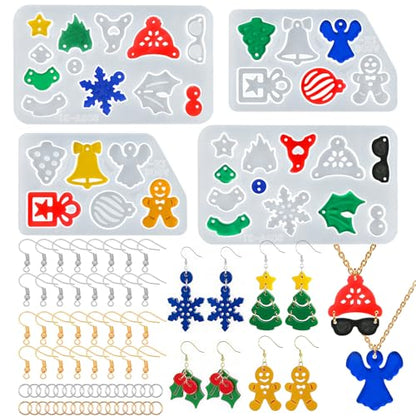 ZQYSING 68 Pcs Christmas Resin Earring Molds Kit, Various Shapes Christmas Silicone Mold with Hooks Rings for DIY Making Jewelry Earring Pendant Keychain - color: 68 Pcs Jewelry Making Kit