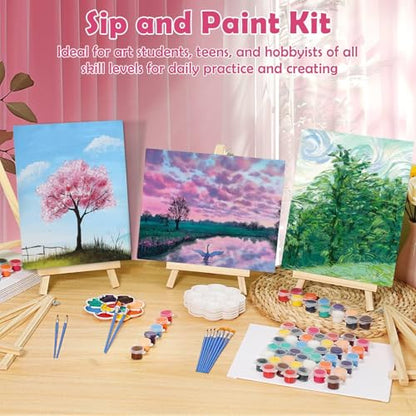 42 Pcs Sip and Paint Kit for Adults Couples Date Night Paint Party | 8x10 Inch Art Canvas Boards with Easel Stand, Mini Acrylic Paint & Brushes Paint Party Supplies, Valentines Day Painting Kit - color: 3ML Mini Acrylic Paints