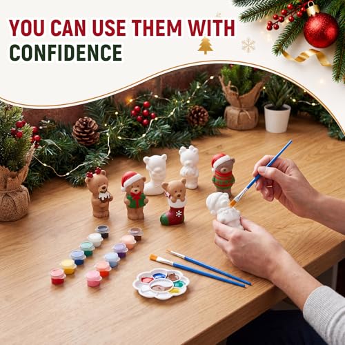 Soulchen 17 Pcs Paint Your Own Christmas Bear Ceramic Paint Craft Set Include 12 Unpainted Ceramic Bears 2 Strips of Paints with 2 Brushes 1 Palette Toys Gift for Birthday Christmas - style: Christmas Bear