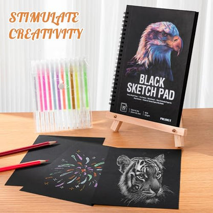 30 Sheets Black Paper Sketchbook with 12 Color Gel Pen Set, 98lb/160gsm Heavyweight Black Sketch Pad 5.5×8.5in, Acid-Free Drawing Paper, Spiral Bound Sketch Book for Kids, Teens, Artist - size: 5.5×8.5in Set