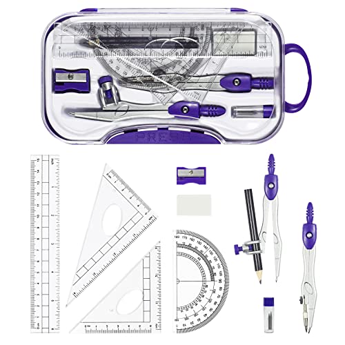 Unjoo Math Geometry Kit Sets 10 Piece Student Supplies with Shatterproof Storage Box,Includes Rulers,Protractor,Compass,Eraser,Pencil Sharpener,Lead Refills,Pencil,for Drafting and Drawings（Purple） - color: Purple