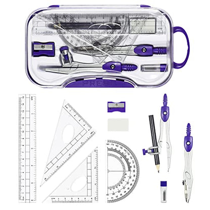 Unjoo Math Geometry Kit Sets 10 Piece Student Supplies with Shatterproof Storage Box,Includes Rulers,Protractor,Compass,Eraser,Pencil Sharpener,Lead Refills,Pencil,for Drafting and Drawings（Purple） - color: Purple