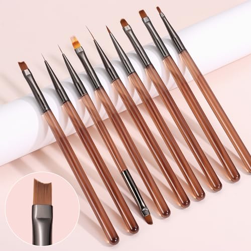 9Pcs Nail Art Brush Set, Builder Painting Design Detail Drawing Brushes Dotting Pen Double-Ended French Liner For Gel Polish Manicure Tools Acrylic Home DIY Salon Use Women, Brown - color: Brown
