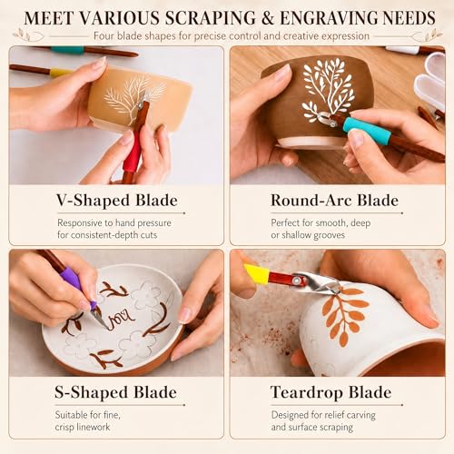 GtohHavea Professional Pottery Carving Tool with Durable Cutting Head, for Clay Sculpting, Sgraffito, Mishima & Ceramic Trimming (4Pcs)