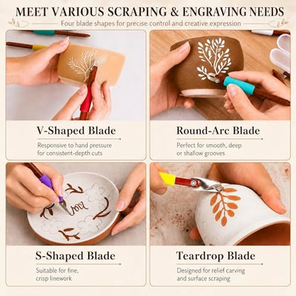 GtohHavea Professional Pottery Carving Tool with Durable Cutting Head, for Clay Sculpting, Sgraffito, Mishima & Ceramic Trimming (4Pcs)
