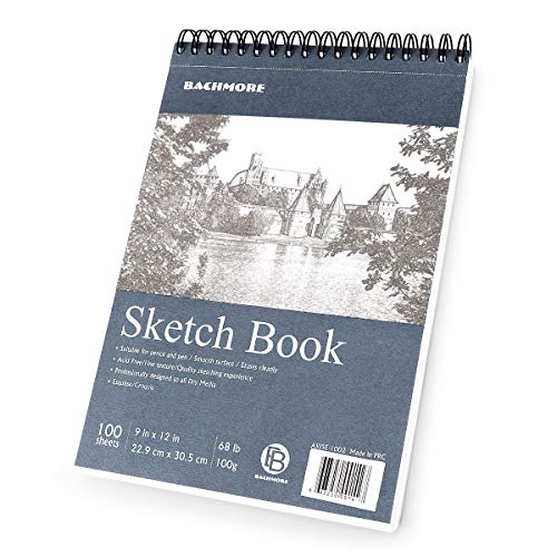 Bachmore Sketchpad 9X12 Inch (68lb/100g), 100 Sheets of TOP Spiral Bound Sketch Book for Artist Pro & Amateurs | Marker Art, Colored Pencil, Charcoal for Sketching - color: Navy Blue