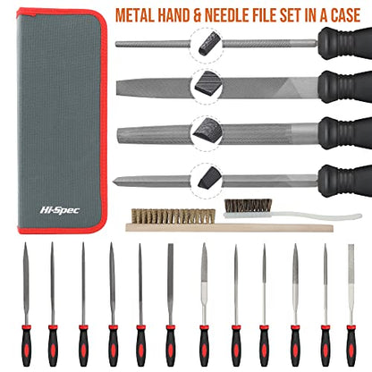 Hi-Spec 18 Piece Metal Hand & Needle Files Tool Set Kit. Large & Small Mini T12 Carbon Steel Diamond Flat, Half, Round, Triangle Files for DIY, Wood and Crafts. Complete In a Zipper Case with Brushes - size: 18 pieces