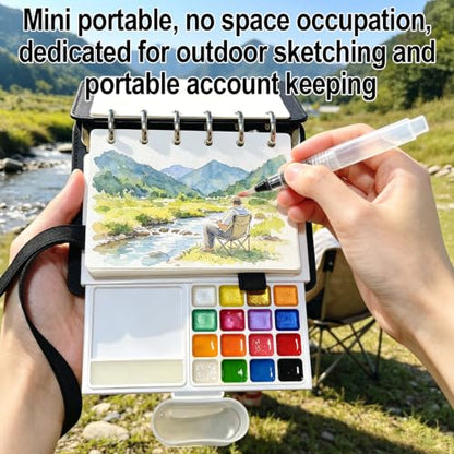 Travel Watercolor Set, 16 Colors Standard (8 Matte & 8 Shimmer), Pocket Paint Set with 30-Sheet 300G Cotton Sketchbook, Detachable Palette, Water Cup & Water Brush, Black - color: Black