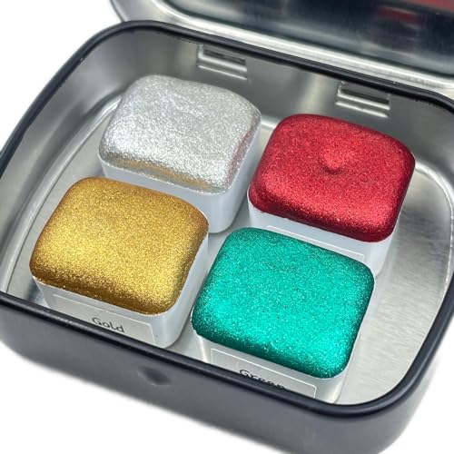 IUILE Handmade Watercolor Paints - Merry Christmas Metallic Chrome Half Pan Set (4 colors) - color: Merry Christmas Chrome