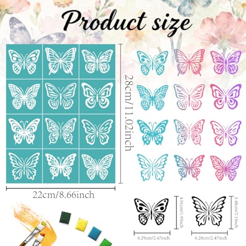 2 Sheets Butterfly Silk Screen Stencil, 12 Styles Butterflies Self-Adhesive Silk Screen Printing Stencils Reusable Mesh Stencil for Painting on Wall, Wood, T-Shirt, Home Craft Decor - style: Butterfly