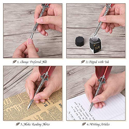 Quill Pen Antique Calligraphy Handmade Writting Quill Pen Set for English Writing, Vintage Stationery Gift with 1 Empty Ink Bottle 5 Nibs 1 Nib Base for