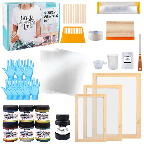 Ecoofor 49pcs All-in-One Screen Printing Kit with, 3 Size Wood Screen Printing Frames, 6 Colors Screen Printing Ink,10 A4 Size Inkjet Transparency Films - color: Blue 49Pcs