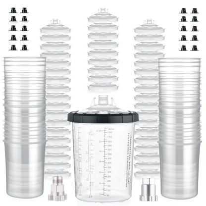 AEROPRO Tools Disposable Paint Cups Liners and Lid System, 50 Pack 28 Ounce (800ml) Kit for Spray Gun-50 Cup Liners, 50 Lids with Strainer, 1 Hard Cup with Retainer Ring, 20 Plugs, 2 Cup Adapters - size: 28 oz (Large)