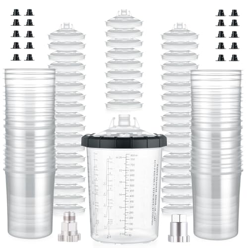 AEROPRO Tools Disposable Paint Cups Liners and Lid System, 50 Pack 28 Ounce (800ml) Kit for Spray Gun-50 Cup Liners, 50 Lids with Strainer, 1 Hard Cup with Retainer Ring, 20 Plugs, 2 Cup Adapters - size: 28 oz (Large)