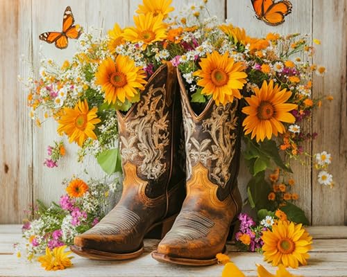 Paint by Numbers Kit for Adults, Cowboy Boots and Sunflowers DIY Painting on Canvas, Western Farmhouse Paint by Number Kit with Acrylic Paint, Rustic Country Wall Art Home Decor Gift 16x20 Inch - color: TRTDNF1P407
